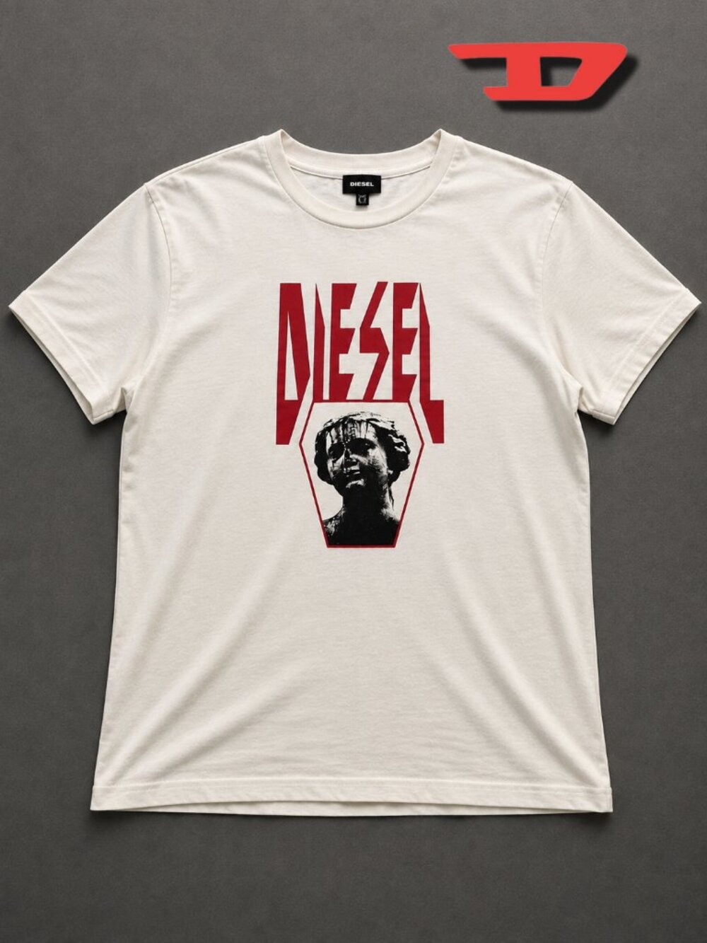 Diesel T-Just-Ye Graphic T-Shirt White Red Logo Statue Print Size XL